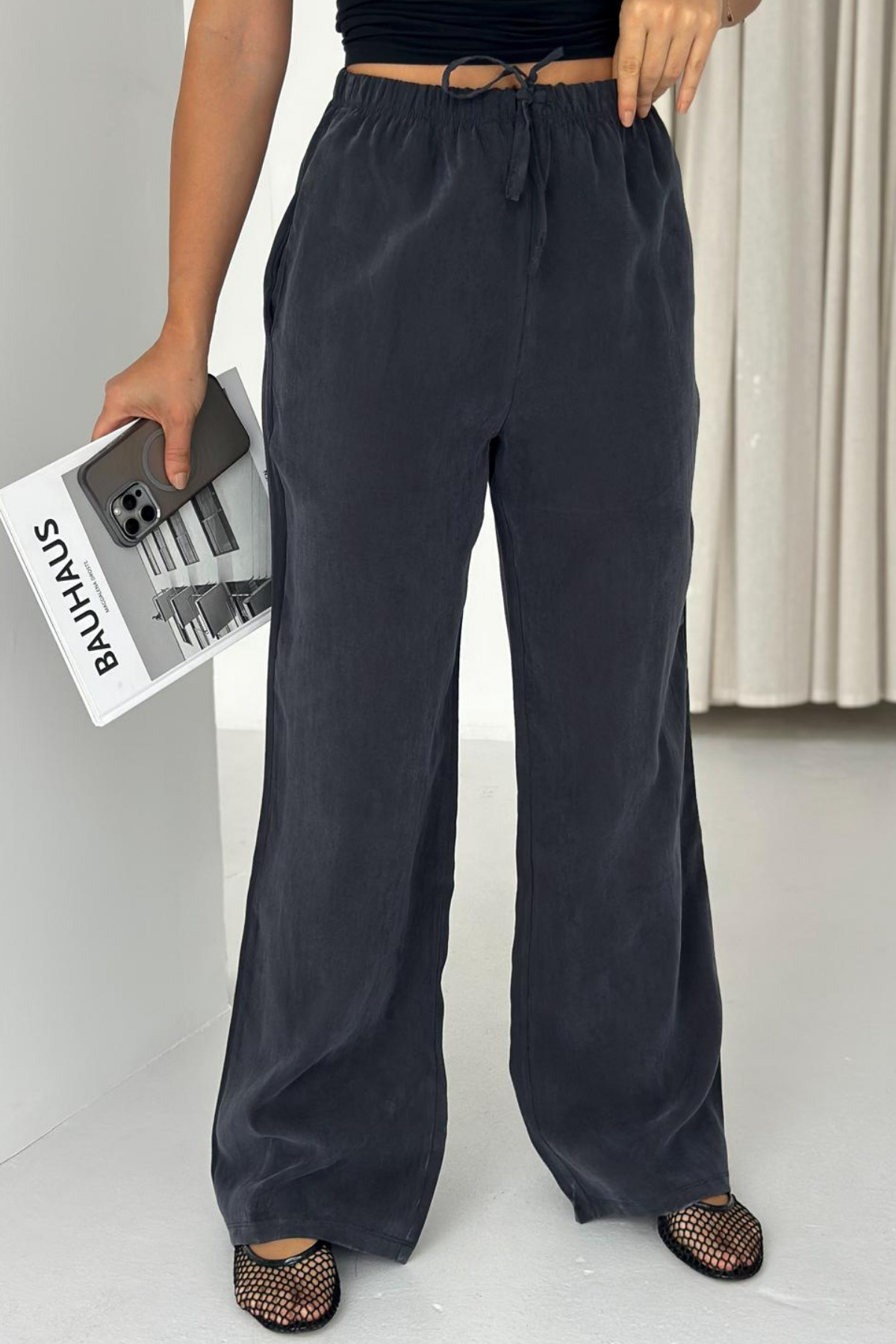 Lace-Up Elastic Waist Wash Tensl Woven Palazzo Women's Trousers Smoked 2008