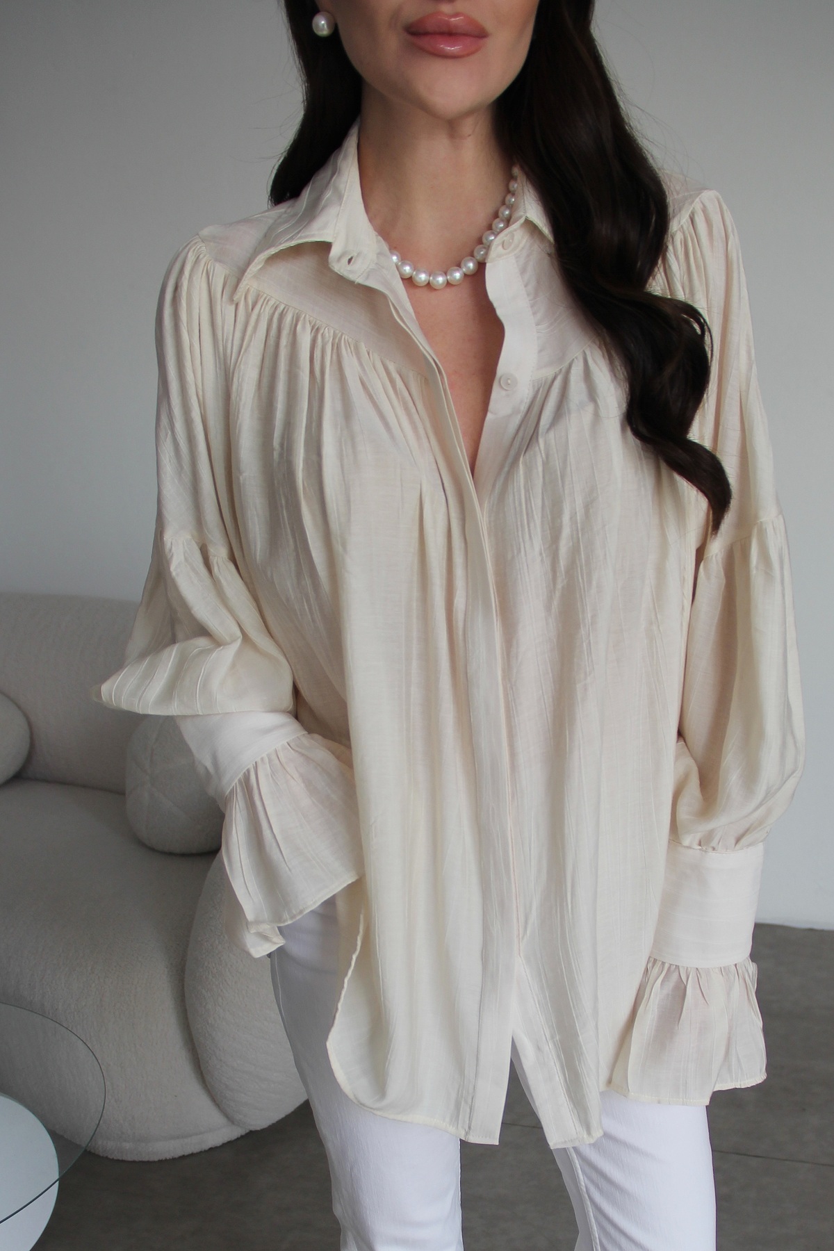 Beige Drawstring And Sleeve Detailed Shirt