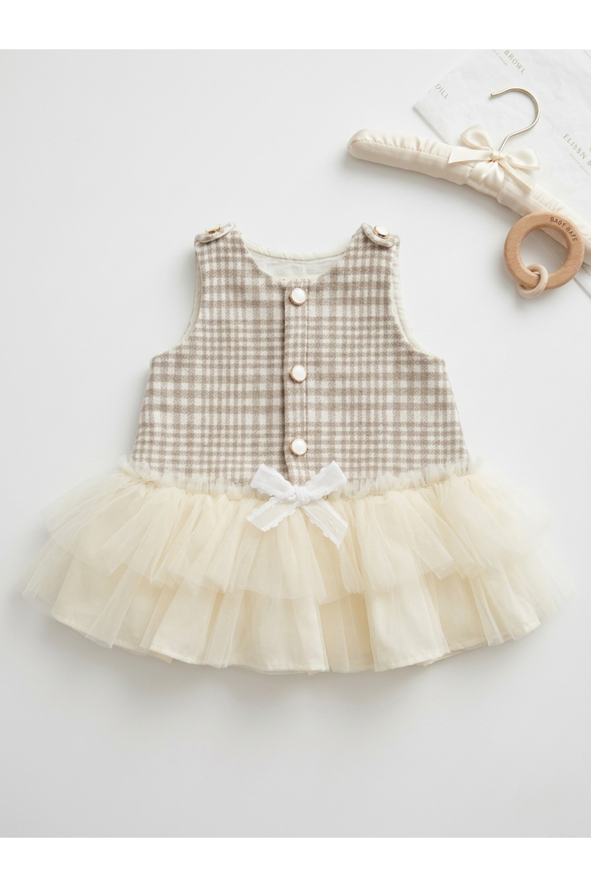 TA&CE Kız Çocuk Ekose Jile Elbise Takımı - İnci Detaylı Mini Çantalı Vintage Tasarım 3-18 AY fotoğrafı 6 (önizleme)
