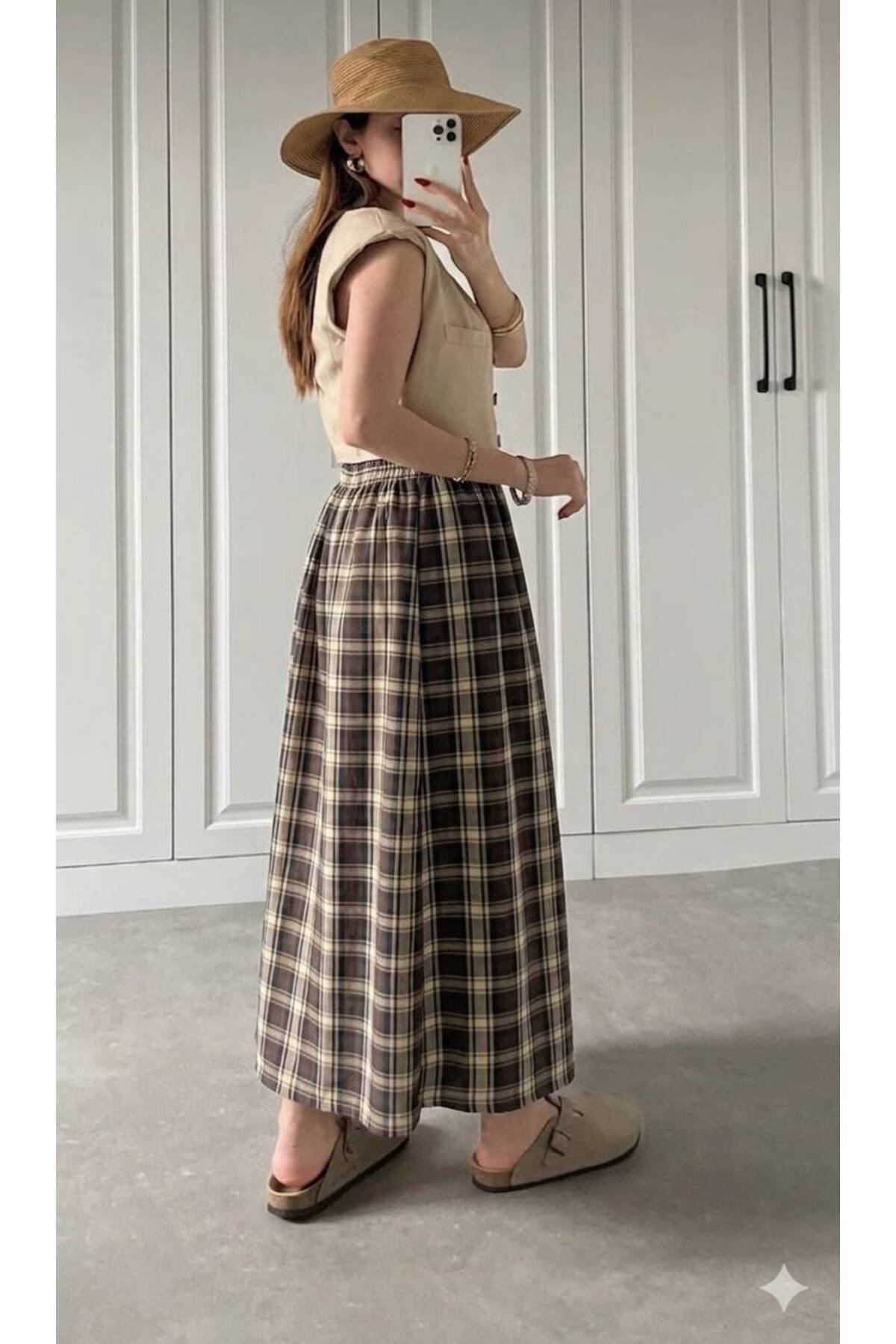 Gülmude  Uzun Beli Lastikli Etek Fleto Cepli İç Göstermez Ekose Desenli Pamuklu Mevsimlik Etek (90CM) - Görsel 5