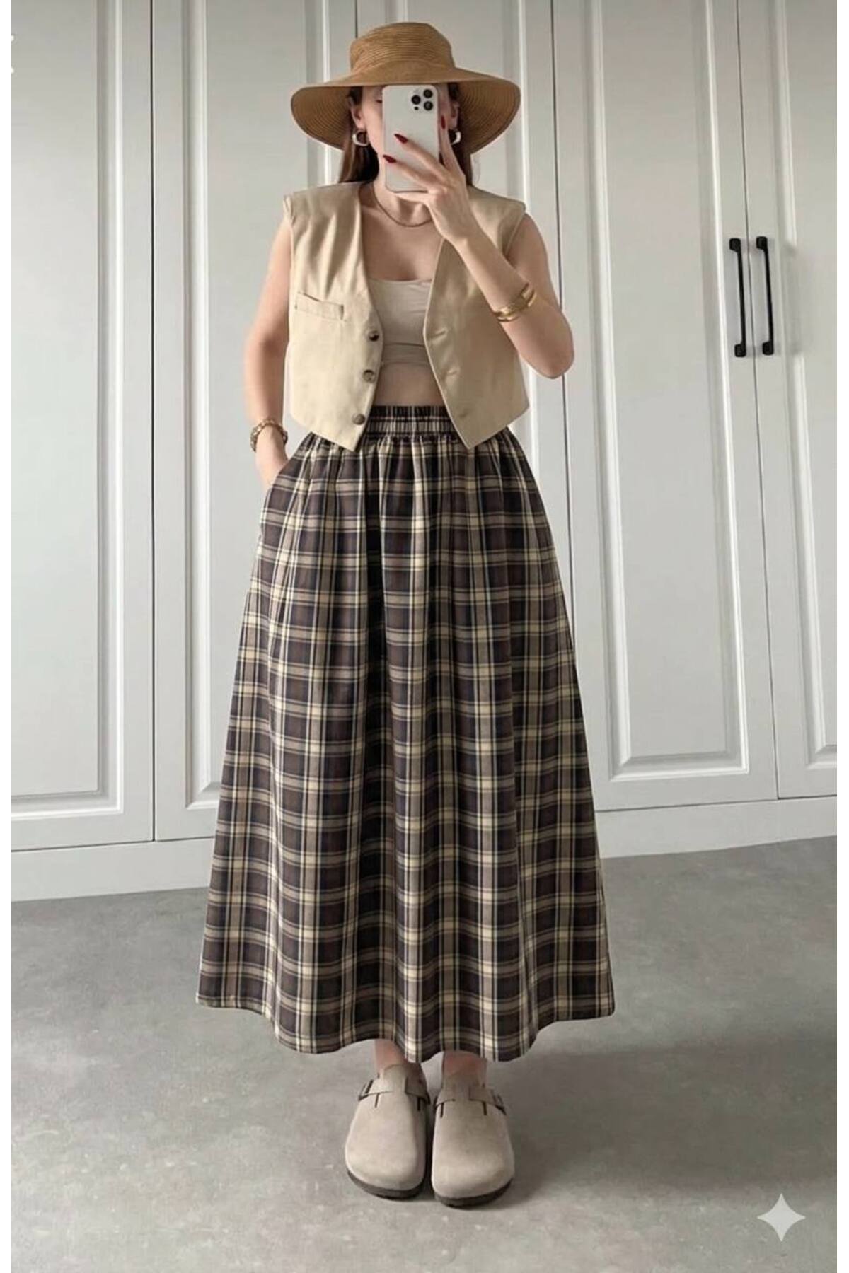 Gülmude  Uzun Beli Lastikli Etek Fleto Cepli İç Göstermez Ekose Desenli Pamuklu Mevsimlik Etek (90CM) - Görsel 4