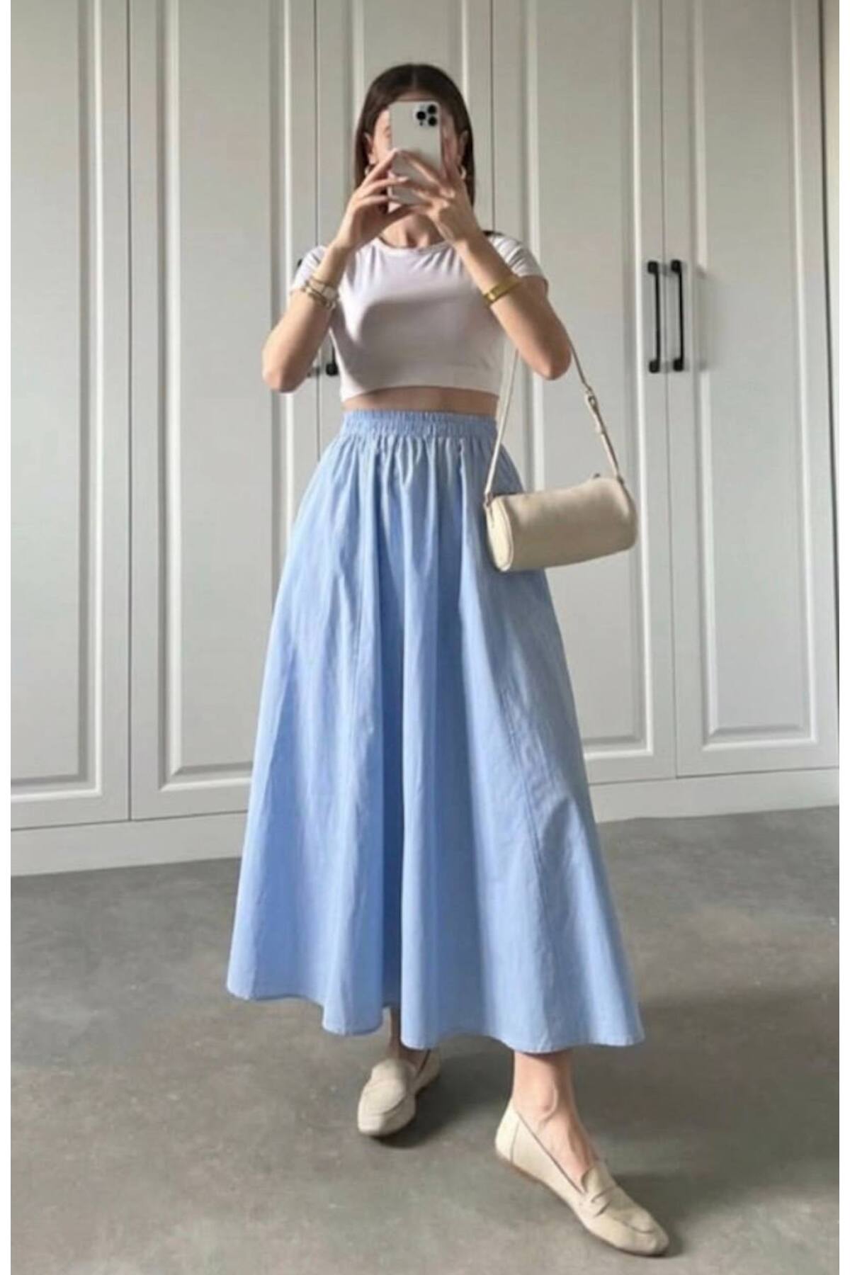 Gülmude  Uzun Beli Lastikli Etek Fleto Cepli İç Göstermez Poplin Kumaş Mevsimlik Etek (90CM) - Görsel 4