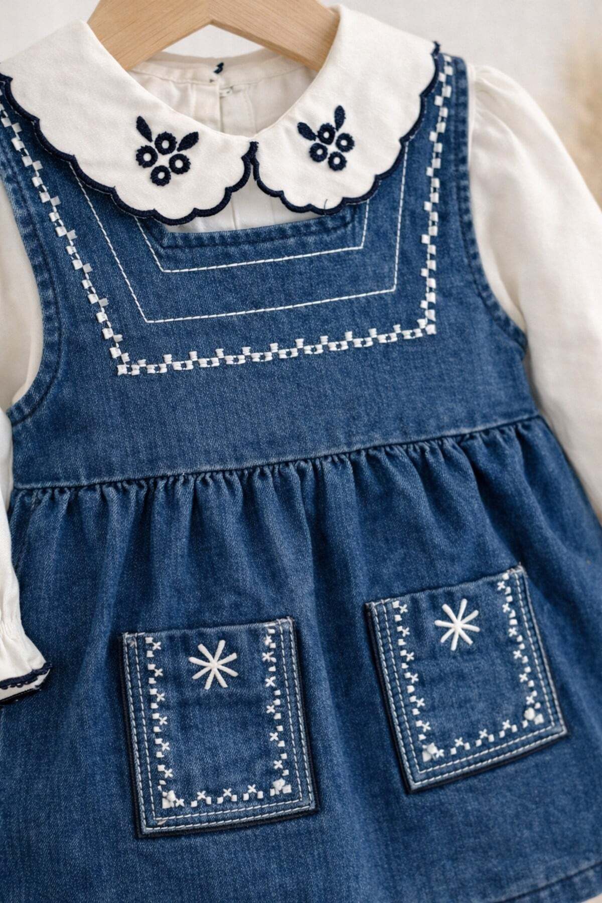 dinamik çocuk Kız Bebek Nakışlı İşlemeli Kot Elbise+Beyaz Yakalı Badi İnce Uzun Kollu 2'li Takım (0-3-6-9-12Ay) Ba fotoğrafı 5 (önizleme)