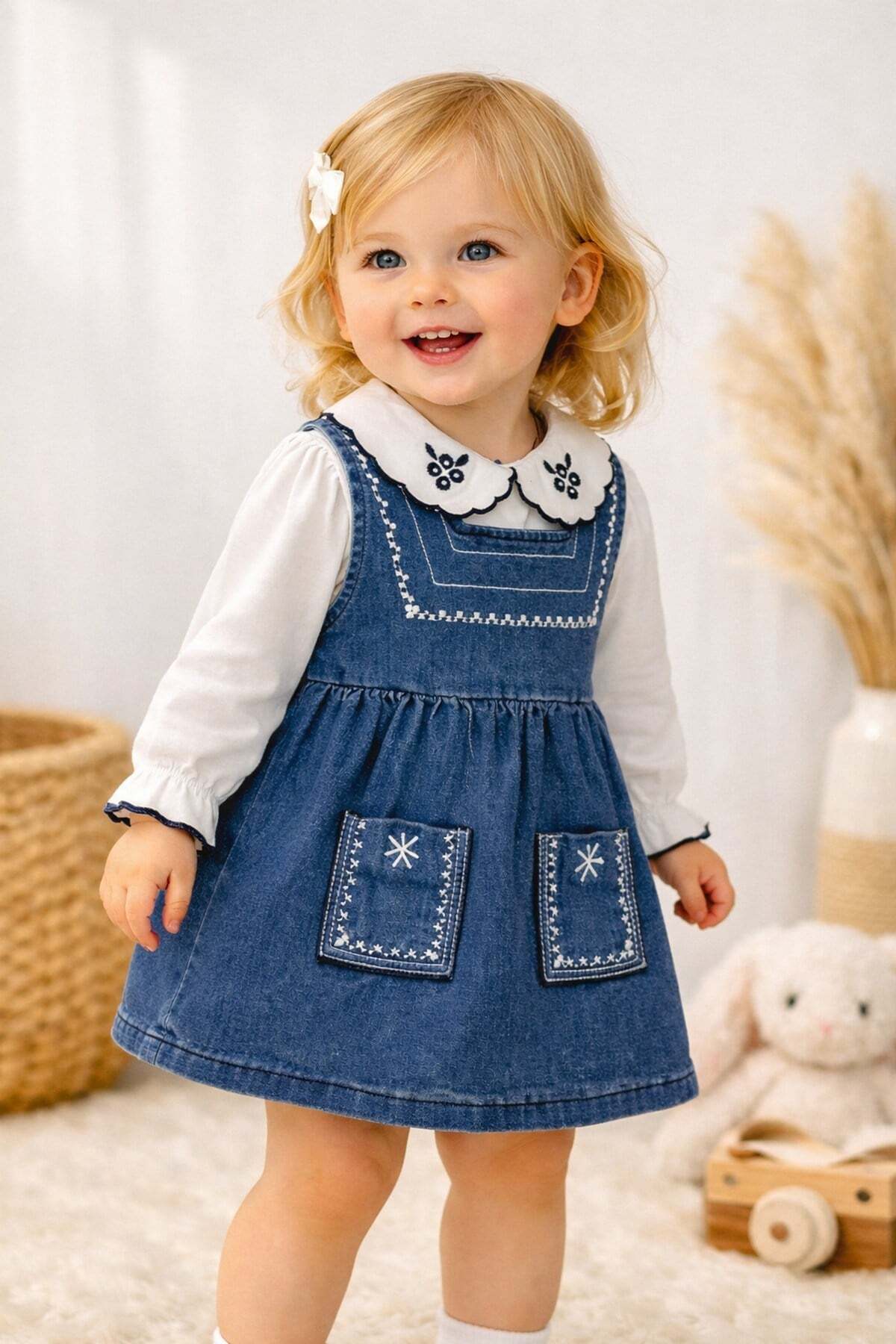 dinamik çocuk Kız Bebek Nakışlı İşlemeli Kot Elbise+Beyaz Yakalı Badi İnce Uzun Kollu 2'li Takım (0-3-6-9-12Ay) Ba fotoğrafı 2 (önizleme)