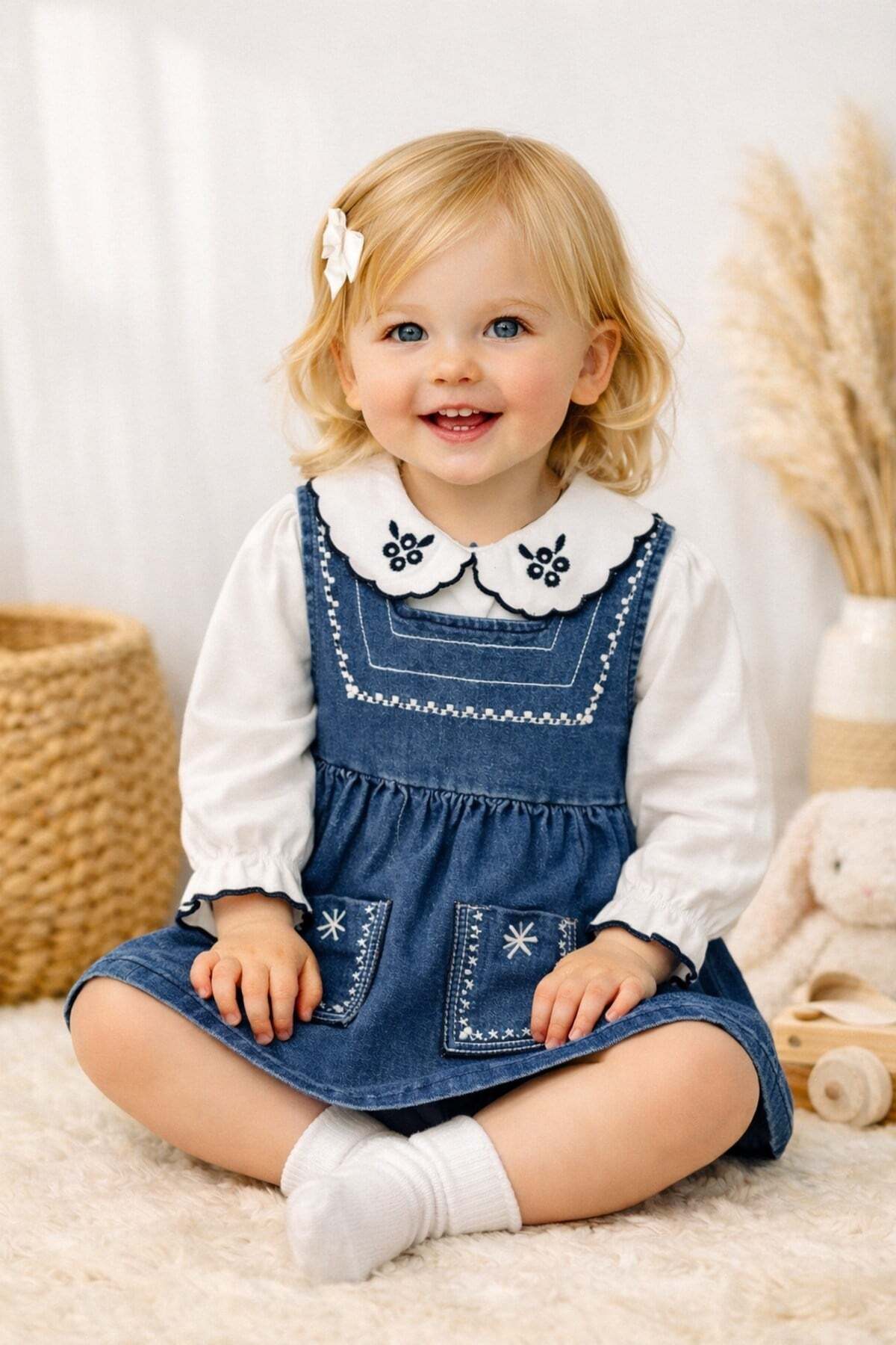 dinamik çocuk Kız Bebek Nakışlı İşlemeli Kot Elbise+Beyaz Yakalı Badi İnce Uzun Kollu 2'li Takım (0-3-6-9-12Ay) Ba fotoğrafı 3 (önizleme)