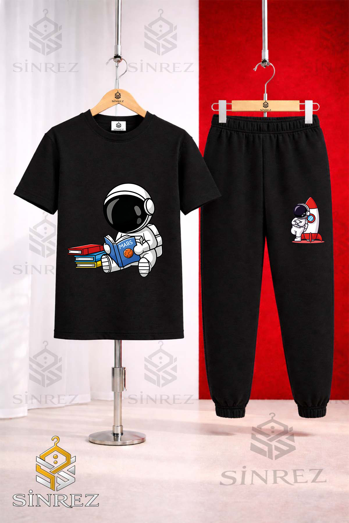 SİNREZ Çocuk ASTRONOT KITAP OKUYAN Baskılı 3Lü Tişort Eşofman Takımı fotoğrafı 2 (önizleme)