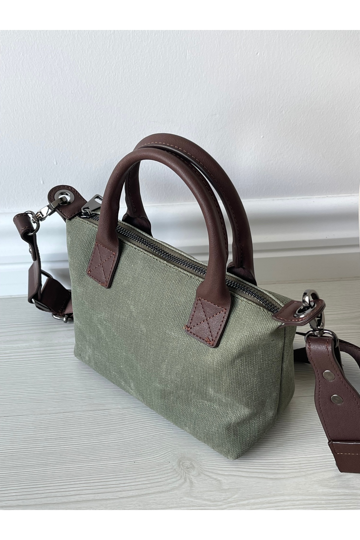 Nura Collection Haki Yeşili Keten Kadın Mini Mektup Model El Ve Omuz Çantası görsel 2