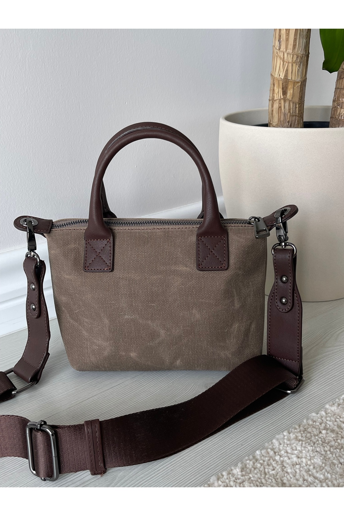 Nura Collection Koyu Vizon Keten Kadın Mini Mektup Model El Ve Omuz Çantası görsel 5