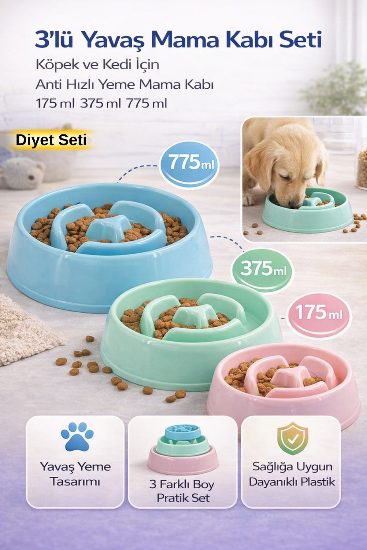 Hane Dostu 3'lü Yavaş Mama Kabı Seti Köpek ve Kedi İçin Diyet Mama
