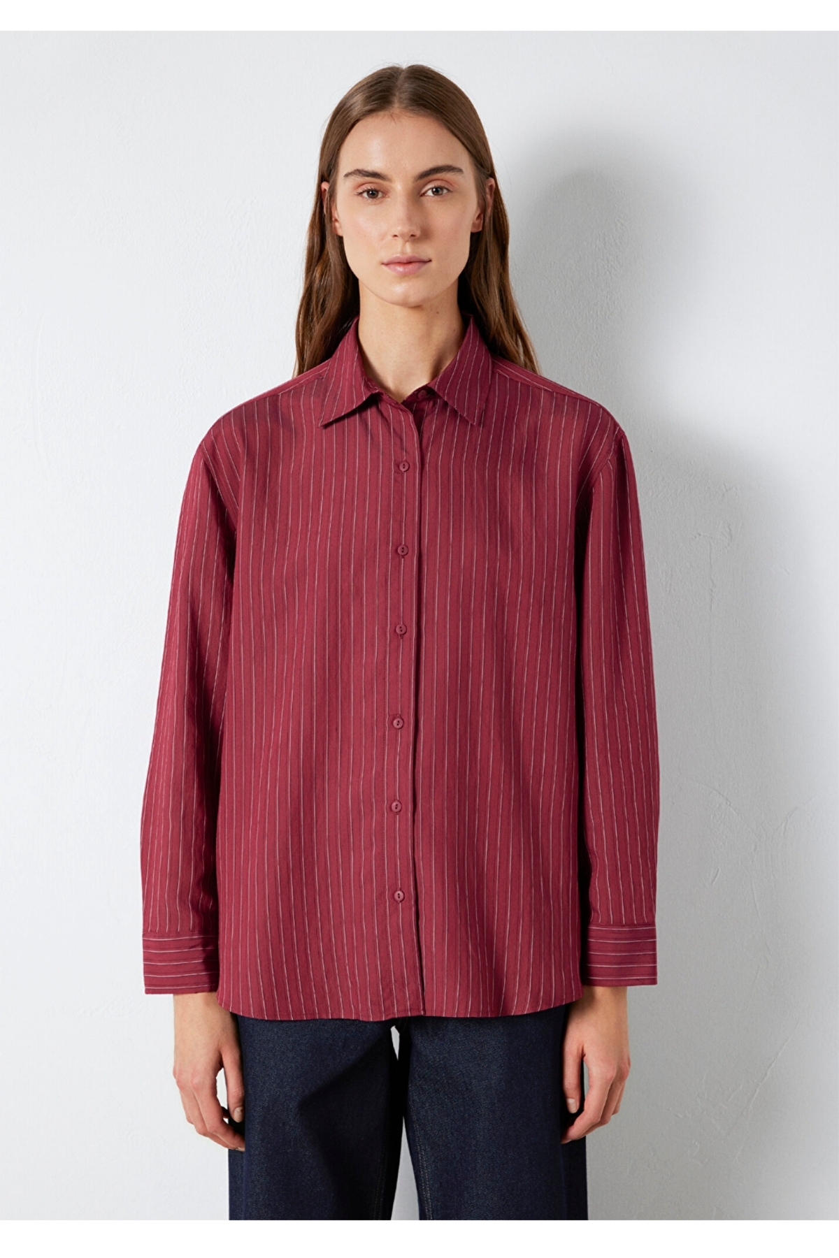 çizgili loose fit (bol rahat kesim) kadın gömlek — زرشکی 349071148743(özse giyim) — تصویر 2 از 4