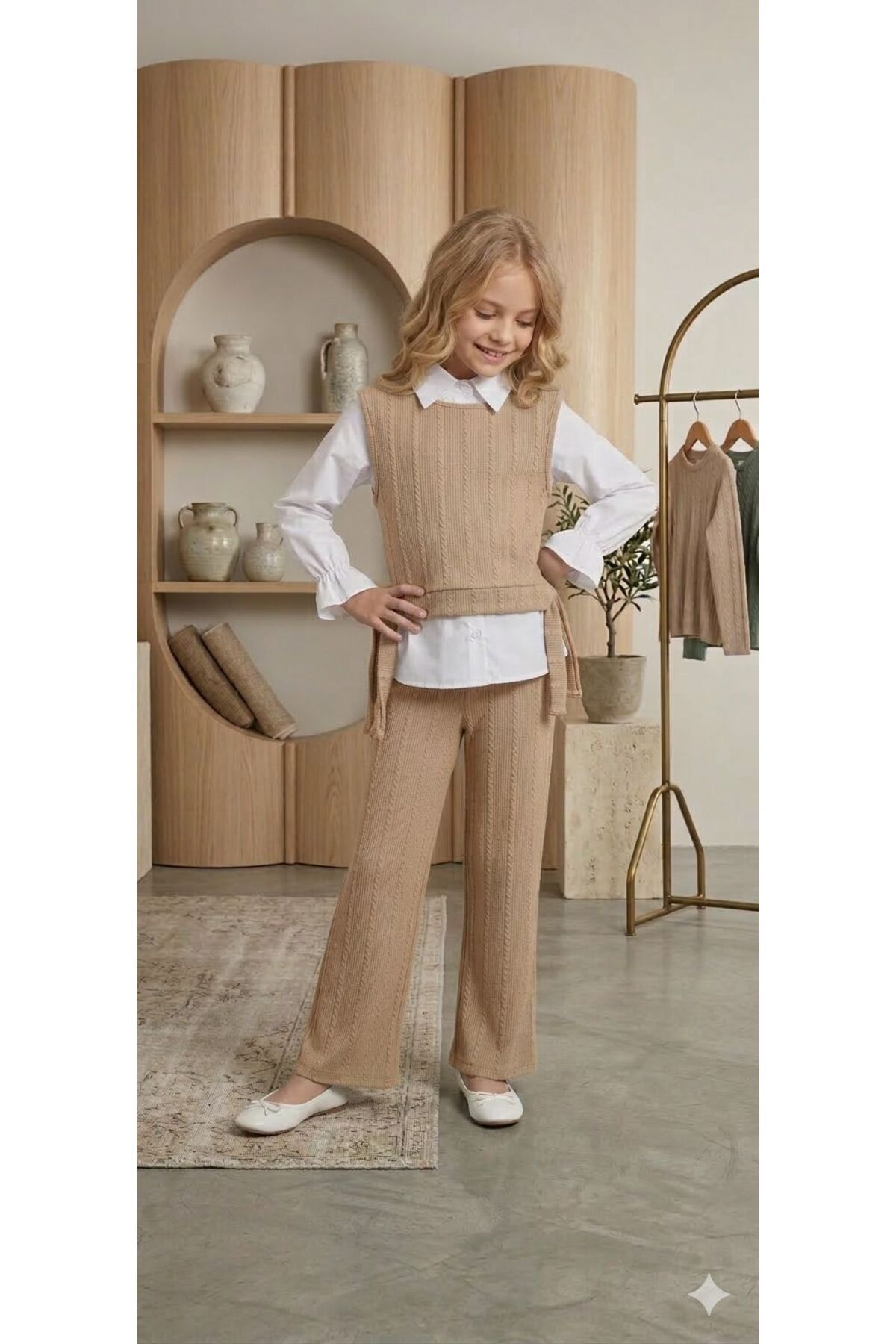 Girls Knitwear Twist Vest Pants Set – Shirt Twist Knit Vest and Pants Combination(New Season)