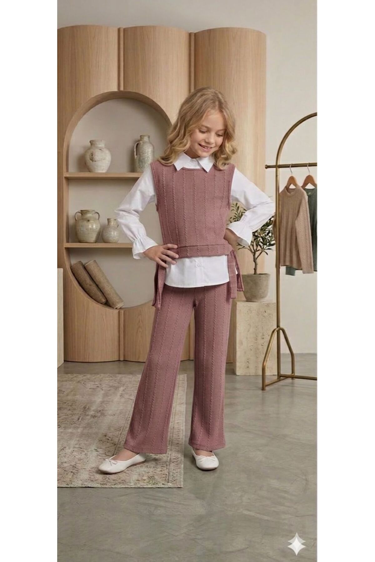 Girls Knitwear Twist Vest Pants Set – Shirt Twist Knit Vest and Pants Combination(New Season)