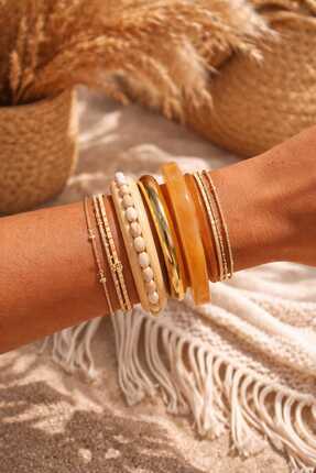 Mope Accessories Bangle Stil 3’lü Kadın Bileklik Seti – Doğal Taş Görünümlü, ...