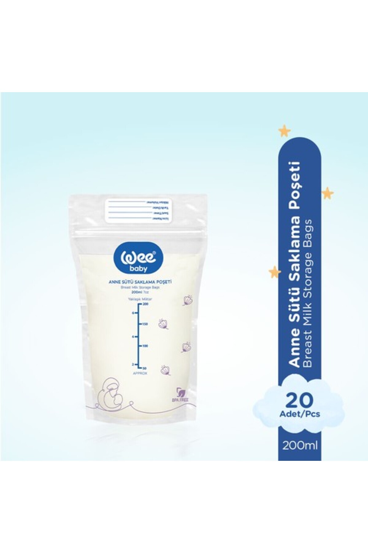 Wee Baby Anne Sütü Saklama Poşeti 20 Adet BPA İçermeyen Dondurucuya Uygun 200 ml fotoğrafı 3 (önizleme)