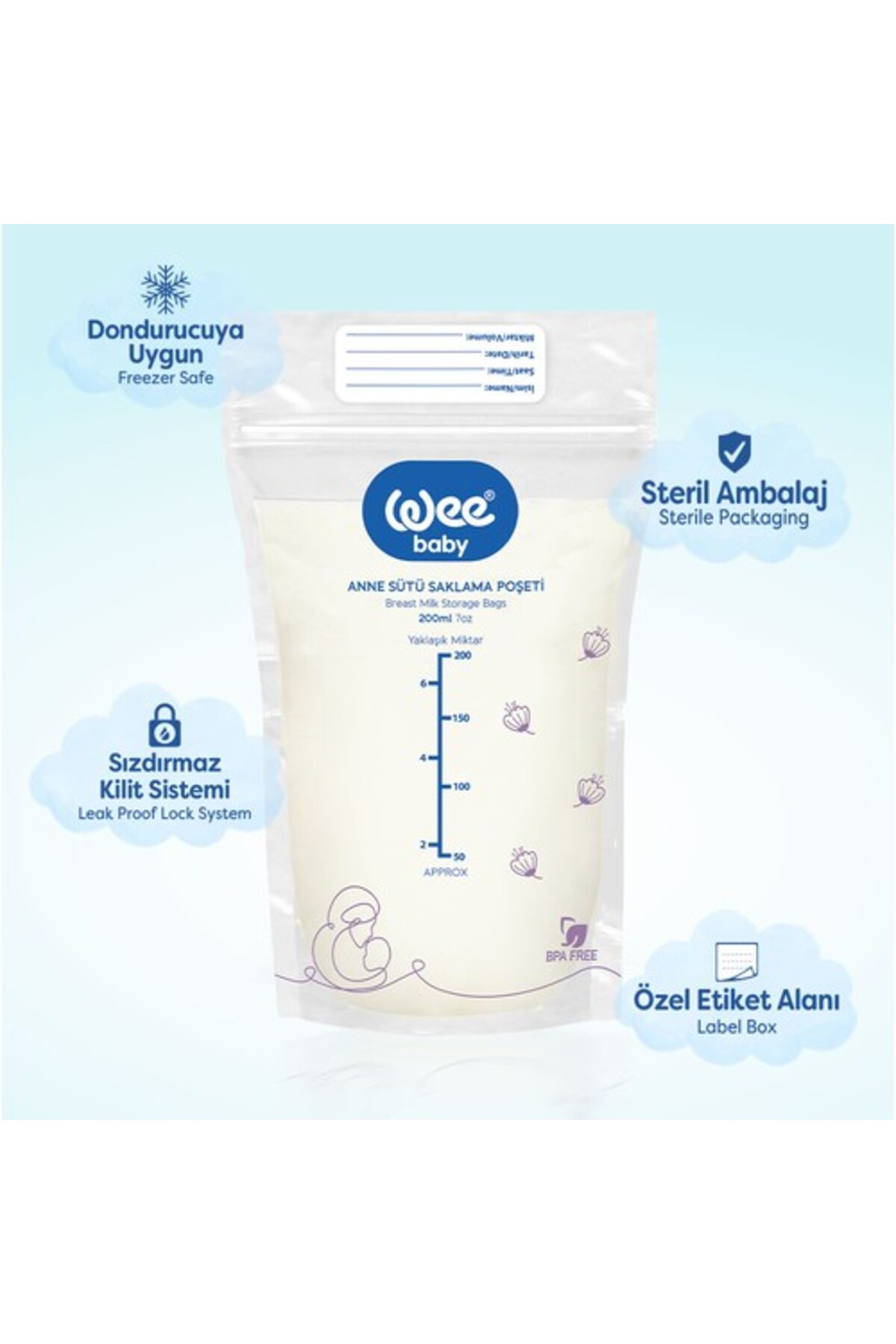 Wee Baby Anne Sütü Saklama Poşeti 20 Adet BPA İçermeyen Dondurucuya Uygun 200 ml fotoğrafı 4 (önizleme)