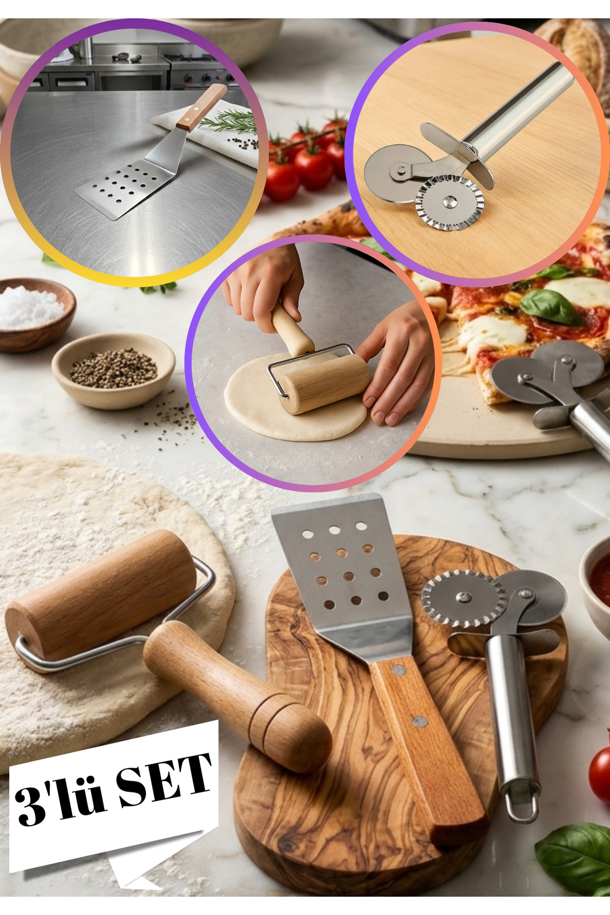 3-Piece Pizza Roulette, Mini Dough Roller and Stainless Steel Spatula – Pizza Cutting and Dough Rolling Set