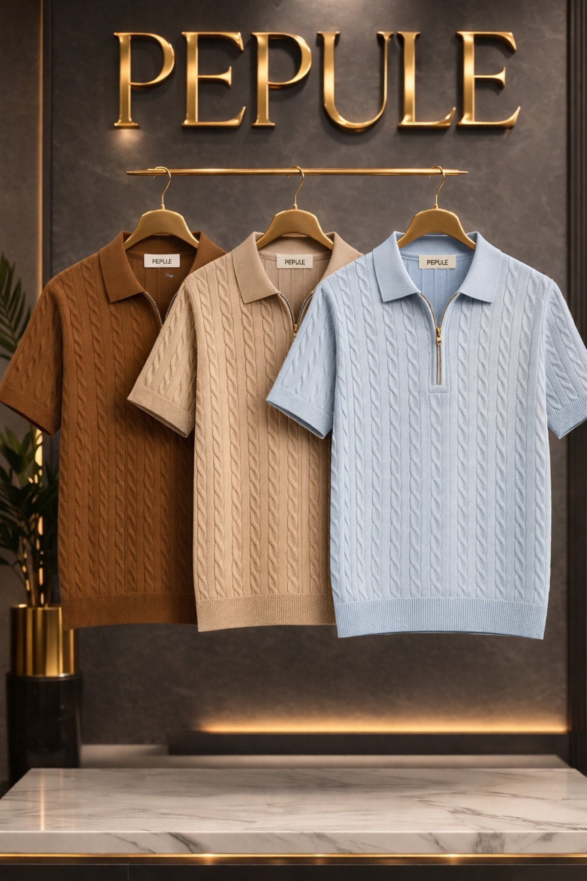 Men's 3-Piece Polo Neck Knitwear Textured Regular Cotton Multicolor T-shirt