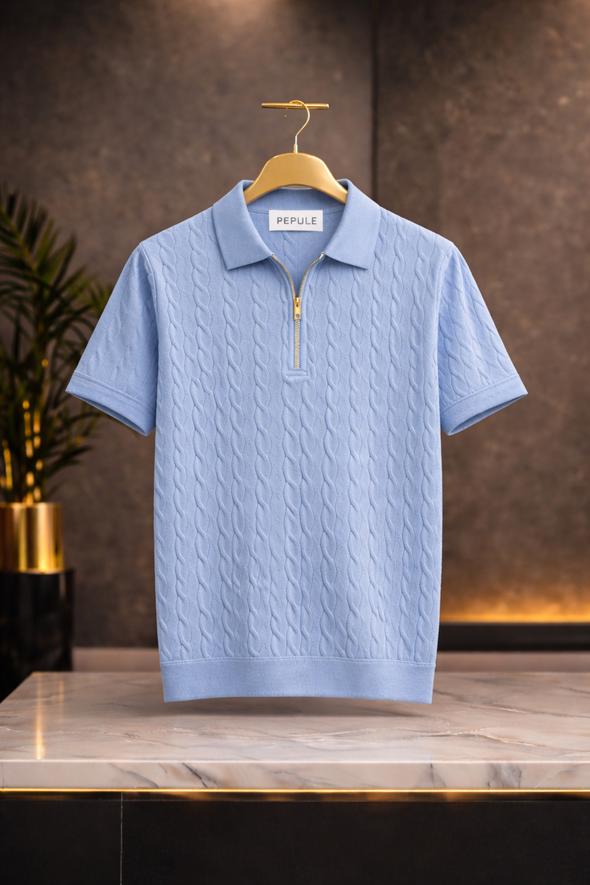 Men's Polo Neck Hair Knit Knitwear Textured Regular Cotton T-shirt