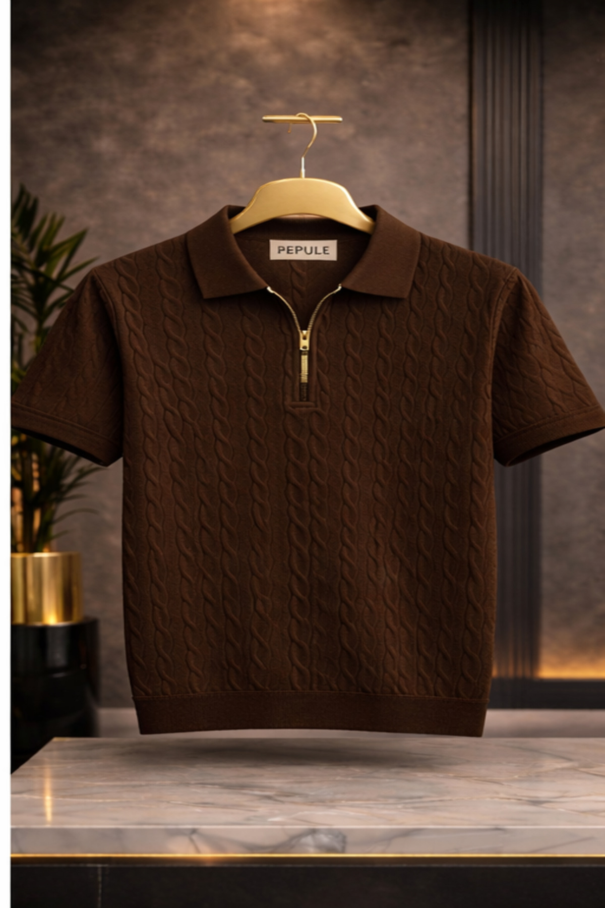 Men's Polo Neck Hair Knit Knitwear Textured Regular Cotton T-shirt