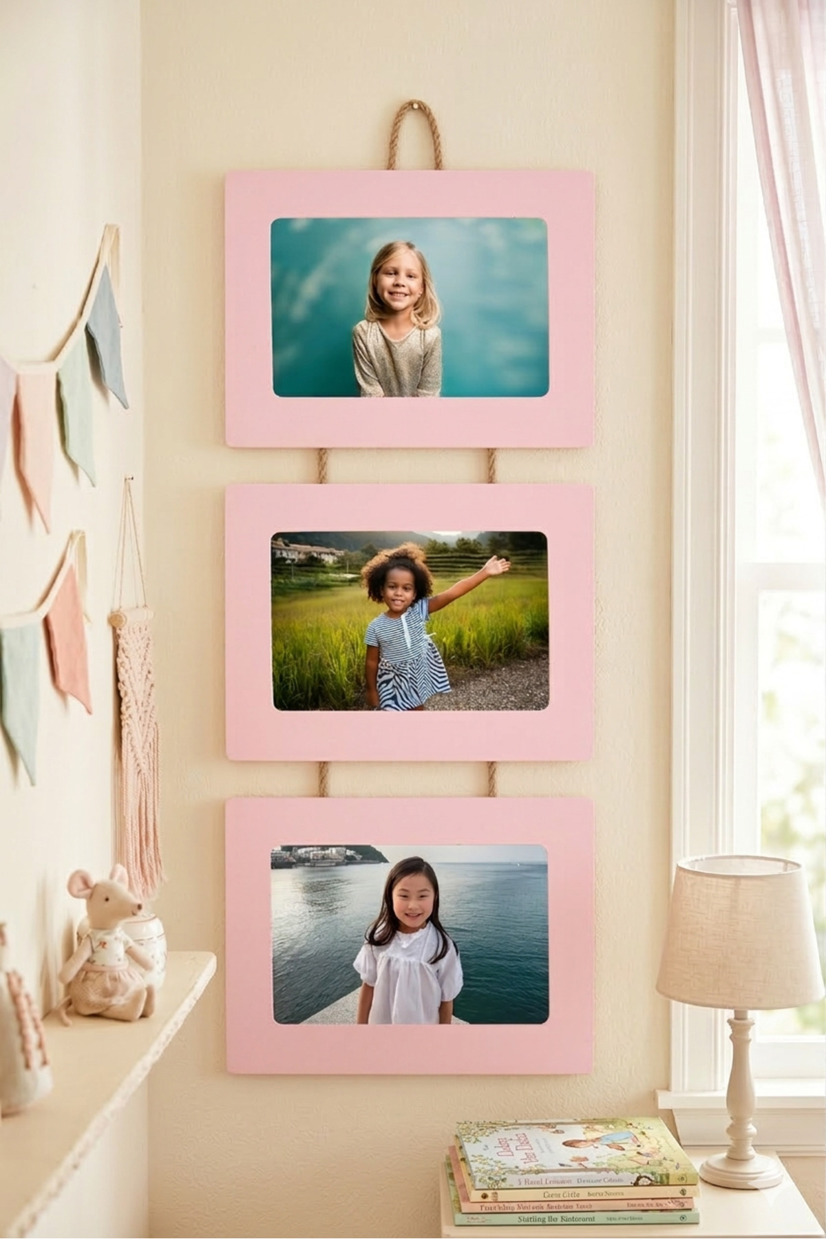 Triple Drawstring Wooden Photo Frame – Kids & Baby Room Wall Decor – 10x15cm Horizontal