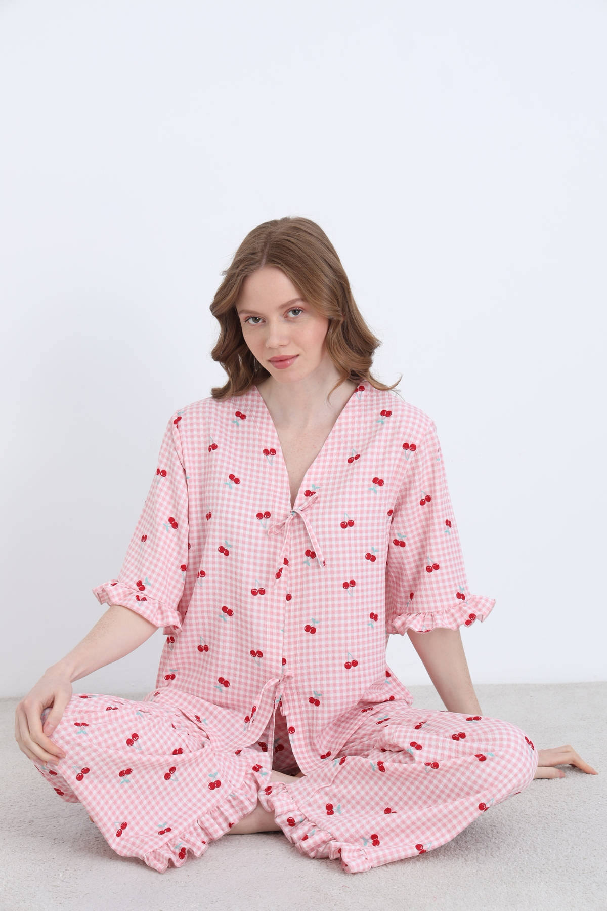 ELİTOL  Bürümcük Örme Bağlamalı Kadın Sabahlık Pijama Takımı - Görsel 3