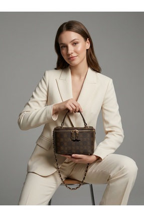 Derinbags Premium Kahverengi Monogram Mini Kadın El ve Omuz Çantası – Gold Zi...