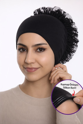 mim eşarp Slikonlu Kaymaz Dikişsiz Fırfırlı Bone - Siyah