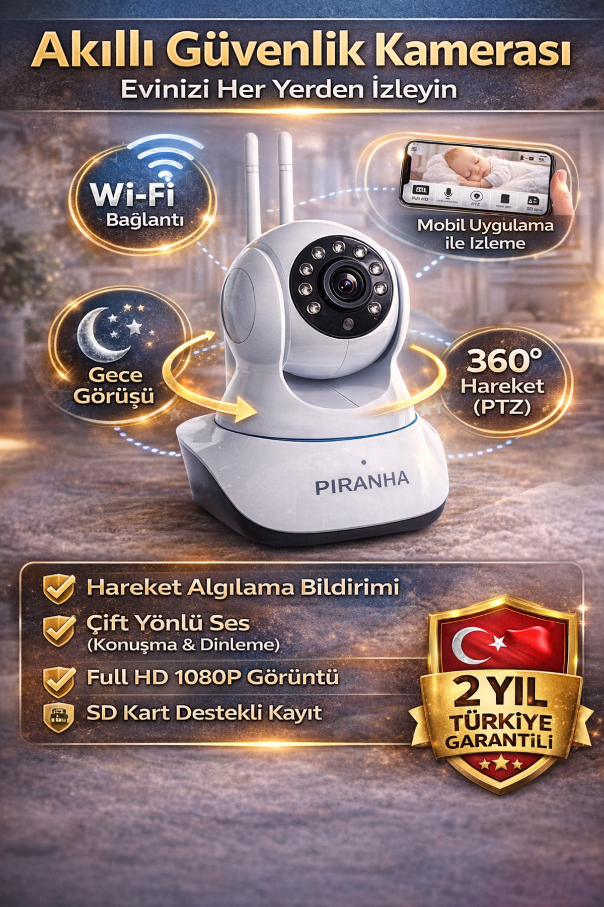 POLYBOTUM Piranha 9625 WiFi IP Kamera 1080P Güvenlik Kamerası Gece Görüşlü Bebek İzleme Kamera fotoğrafı 4 (önizleme)