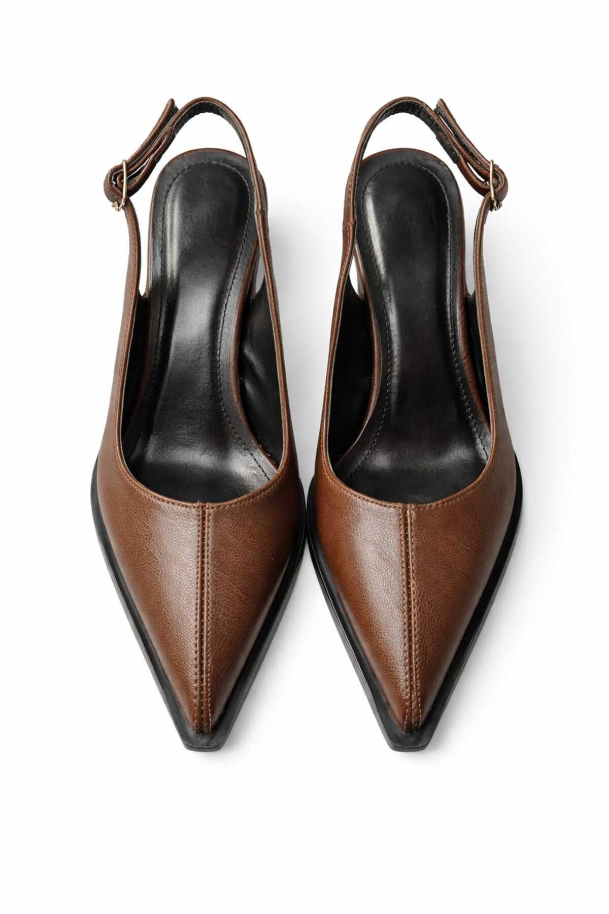 CİMİLİ SHOES Kadın Kahve 7 Santim Topuk Sivri Burun Kadın Klasik Deri Topuklu Ayakkabı Kaymaz taban
