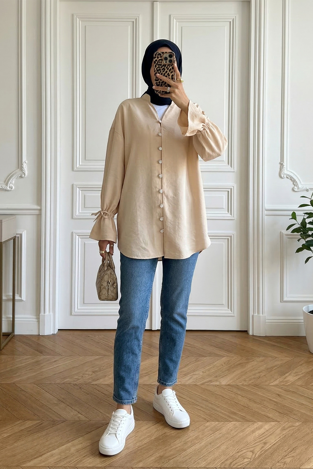 Laced Back Long Buttoned Tunic Shirt -Beige