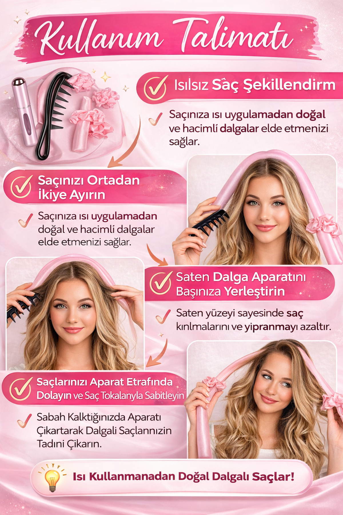Isısız Saç Şekillendirme Seti Saten Saç Sosisi Saç Bigudisi Seti/Parfüm Şişesi/Açma Tarağı HEDİYE — رنگارنگ 3LÜSETŞİŞETARAKBİGUDİ — تصویر 2 از 3