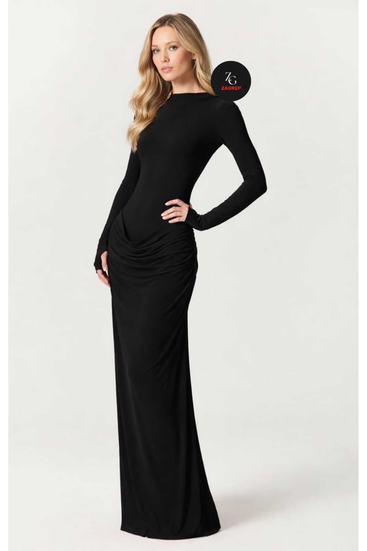 Women's Black Draped Shirring Detailed Half Turtleneck Lined Maxi Dress