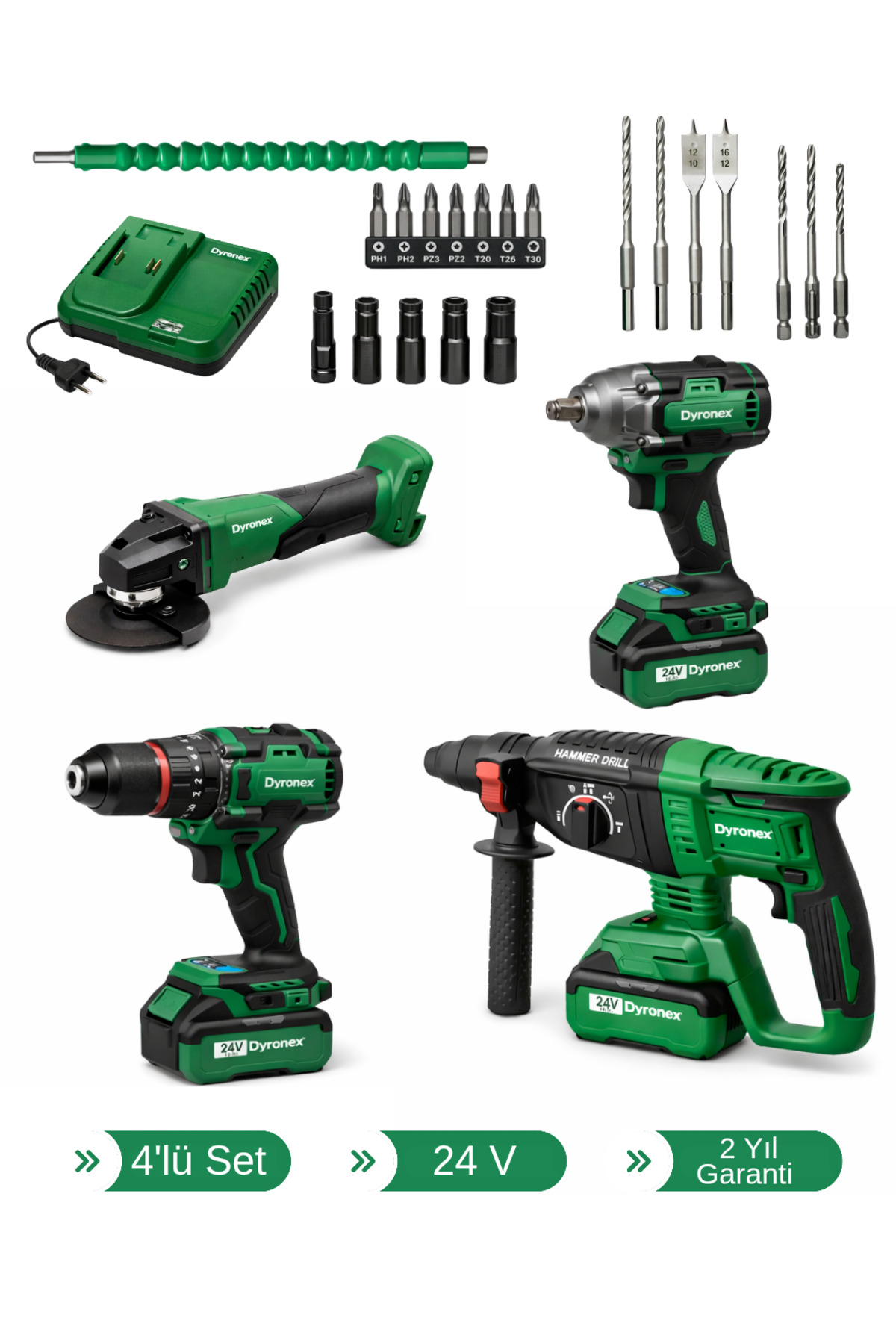 DYRONEX 24V Darbeli Kömürsüz 4'lü Set Kırıcı Delici Hilti-Taşlama