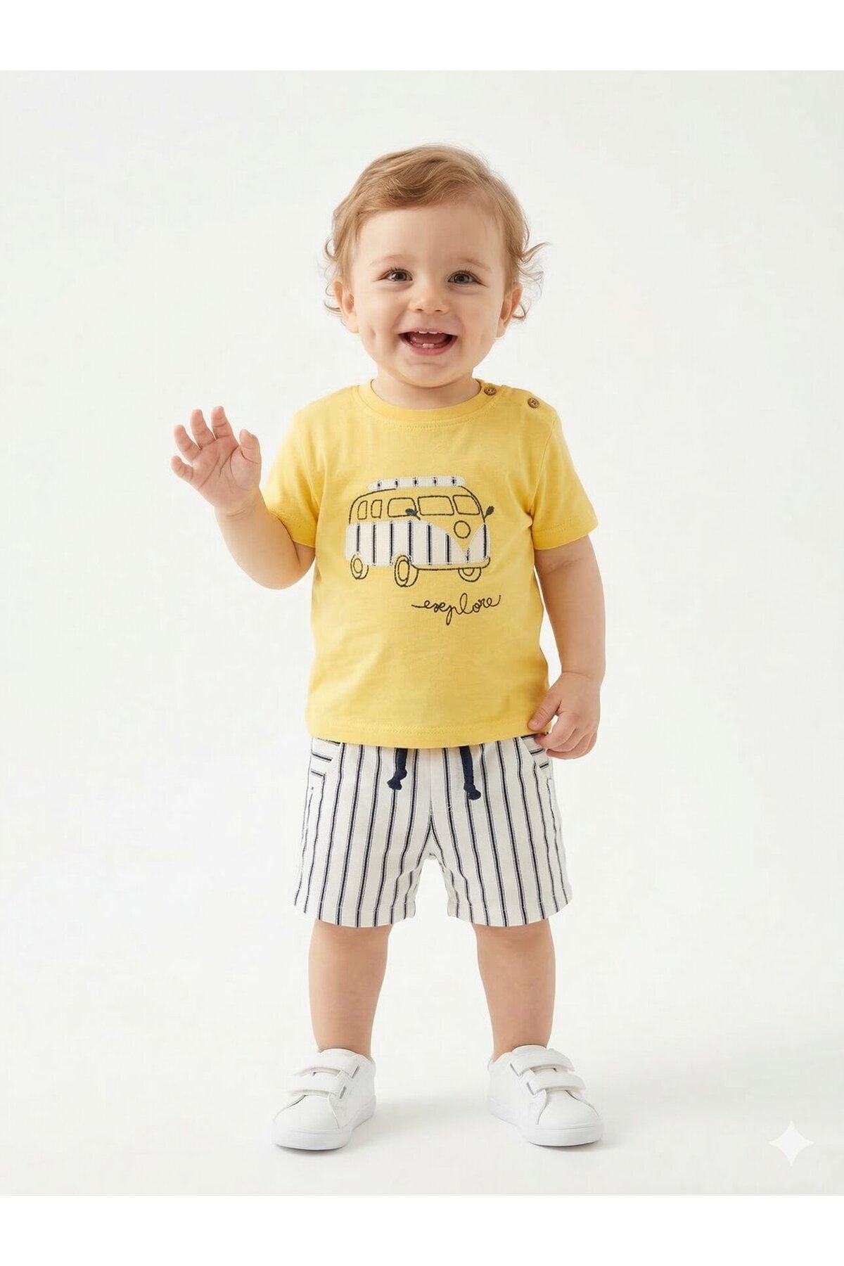 Kids Kingdom Cotton Caravan Detailed Striped Poplin Fabric Shorts 2-Piece Baby Boy Set