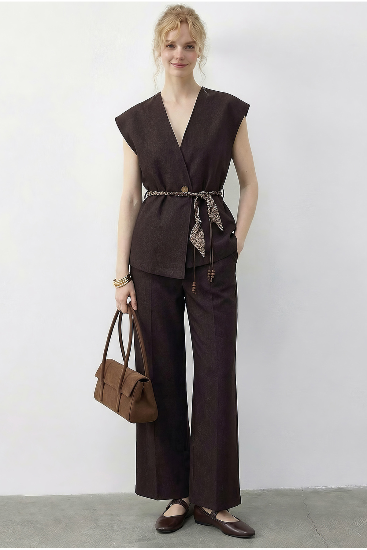 Women's Double Breasted Collar Satin Belted Vest Wide Pants Bottom-Top Denim Set 9415 60286044