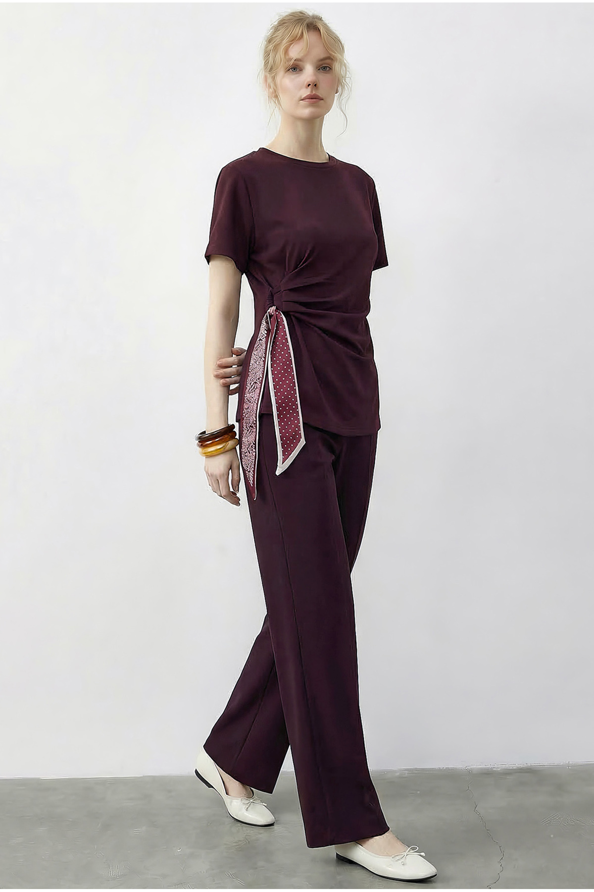 Women's Scarf Tie Detailed T-Shirt High Waist Pants Bottom-Top Set 7630 60286041