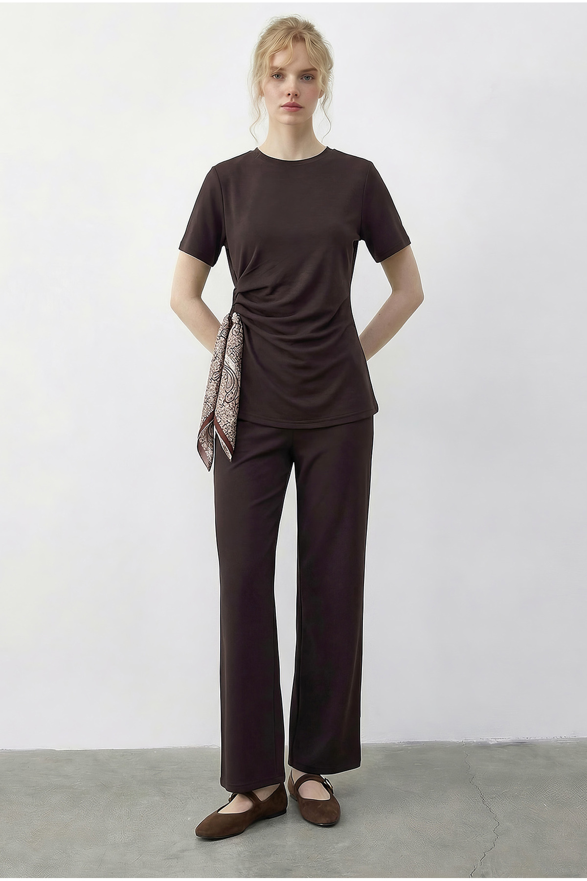Women's Scarf Tie Detailed T-Shirt High Waist Pants Bottom-Top Set 7630 60286041