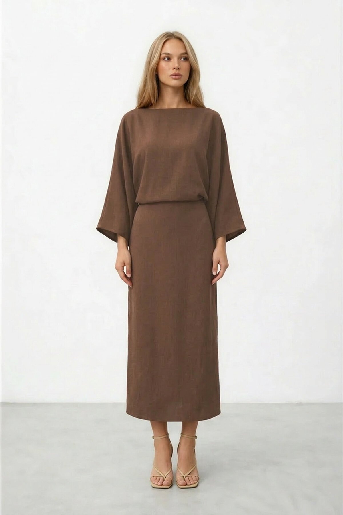 VAGGON  Salaş Kesim Yarasa Kol Uzun Elbise - Görsel 3