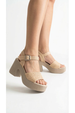 Limeo Yüksek Yandan Tokalı Tek Şeritli Önü Açık Hasır Yazlık Kadın Dolgu Taba...