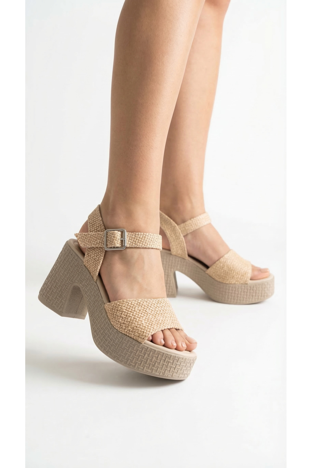 High Side Buckle Single Striped Open-Front Wicker Summer Women Fill Sole Sandals Shoes