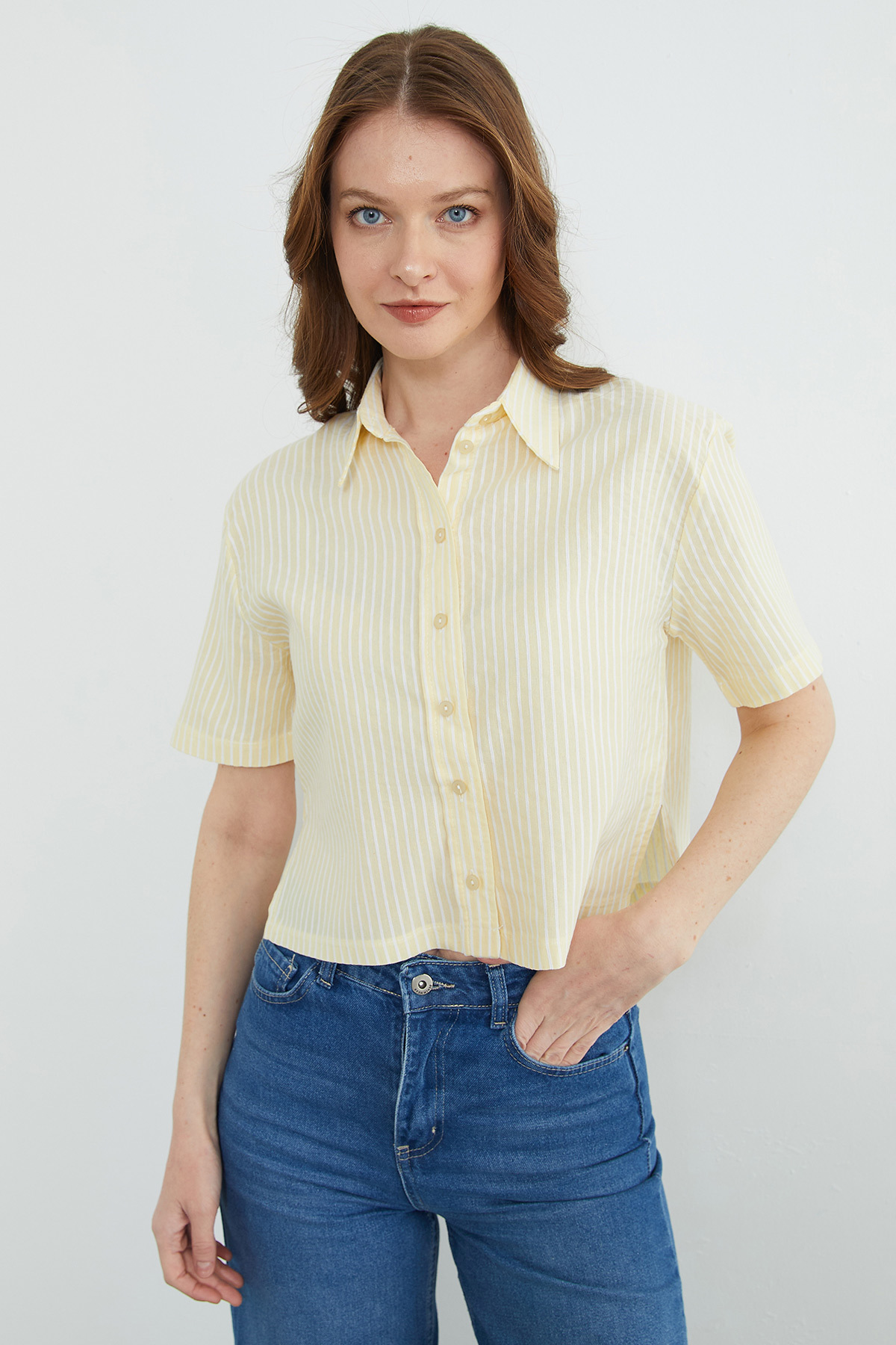 Fullamoda  Çizgili Oversize Crop Gömlek - Görsel 7