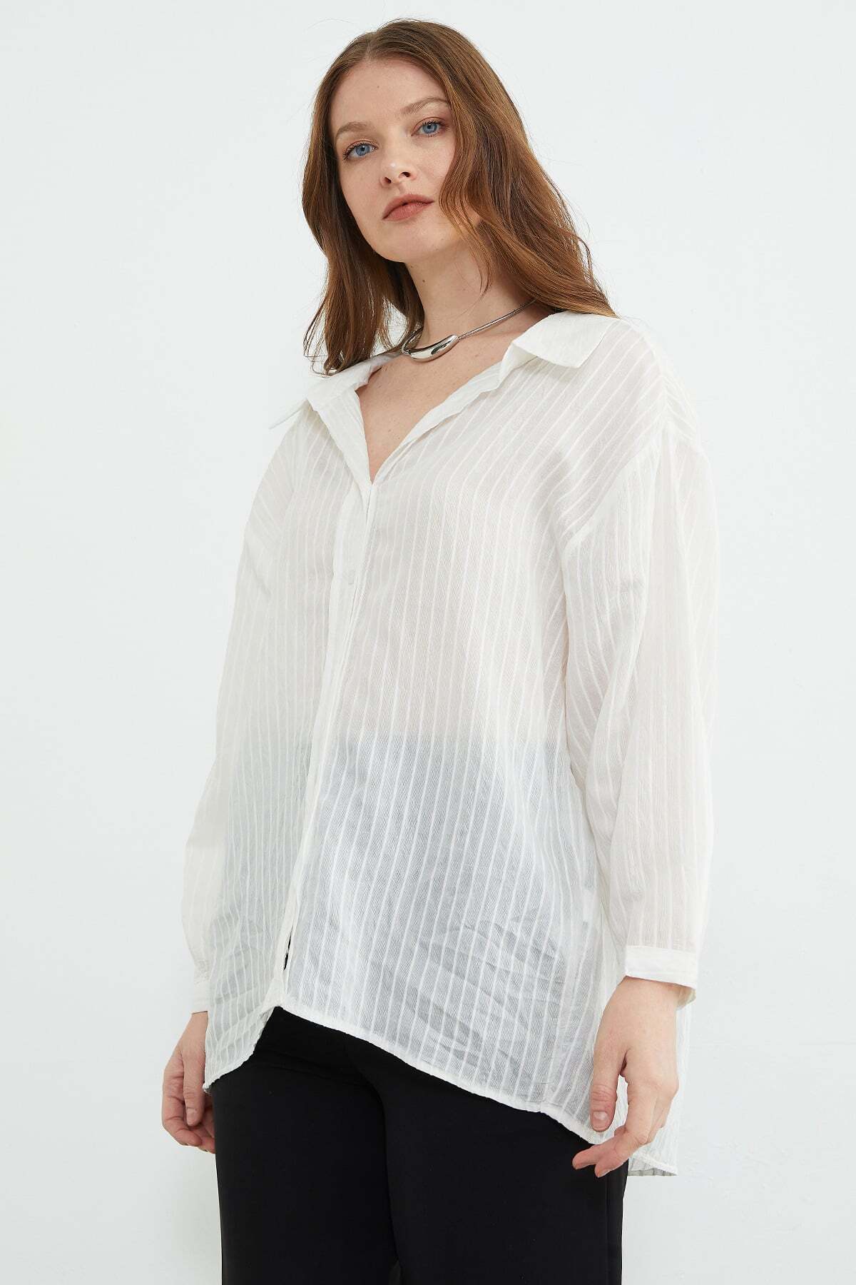 Fullamoda  Çizgili Jakarlı Salaş Gömlek - Görsel 7