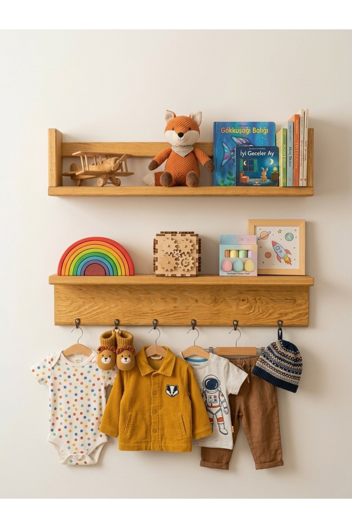 2 Piece Natural Wooden Hanger Shelf, Bookshelf Shelf Educational Montessori Shelf
