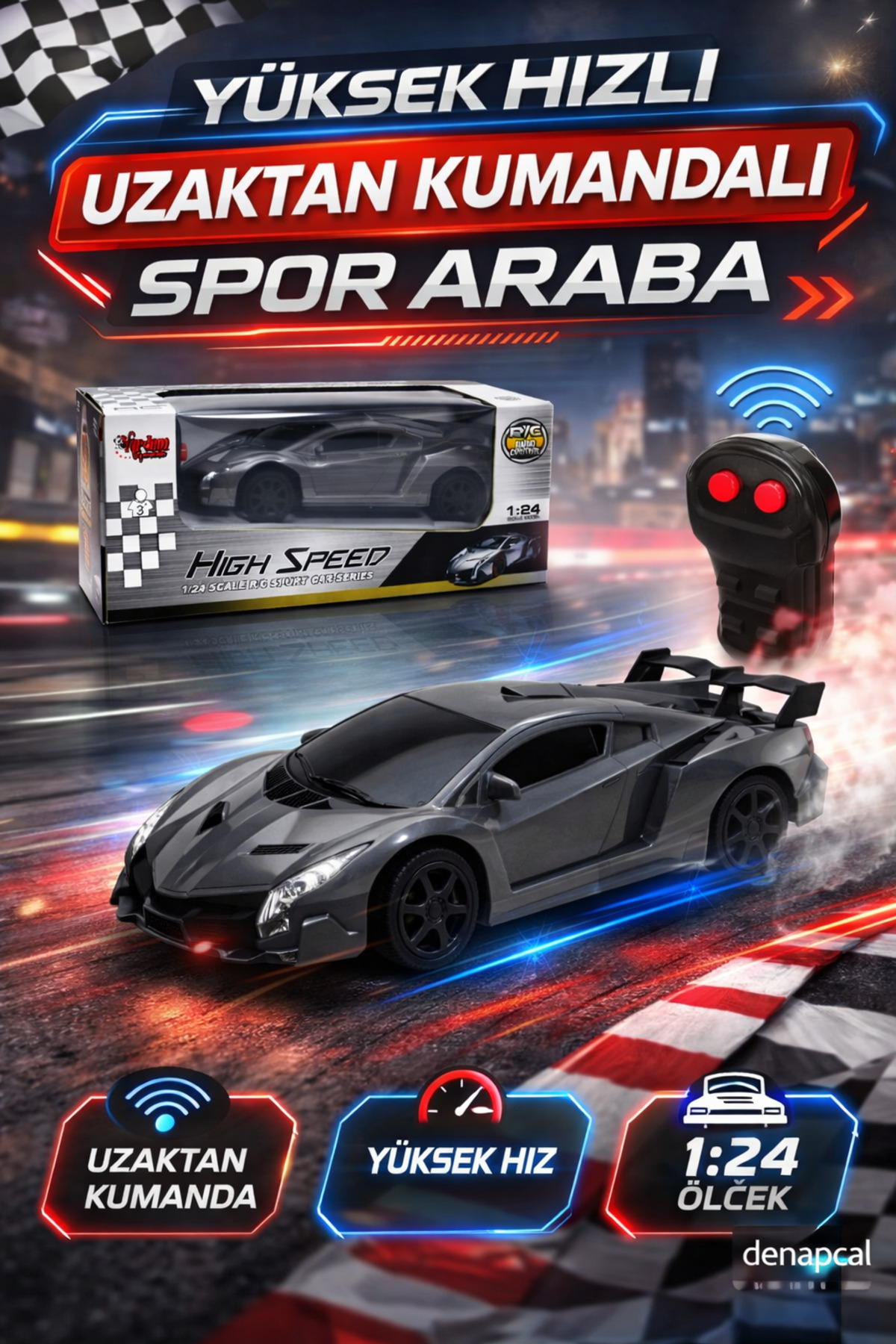 DENAPCAL Uzaktan Kumandalı Spor Araba 1:24 Ölçek İleri Geri Pilli Oyuncak Araba fotoğrafı 2 (önizleme)