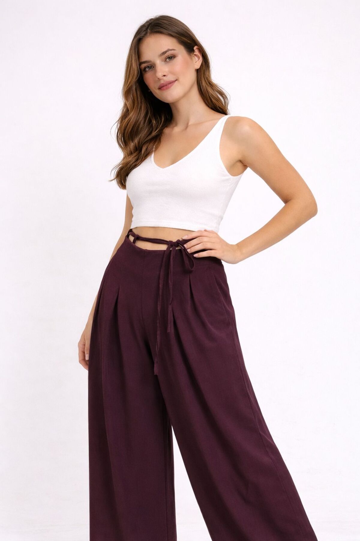bobitex High Waist Binding Zip Detail Wide-Leg Palazzo Pants- Trendyol