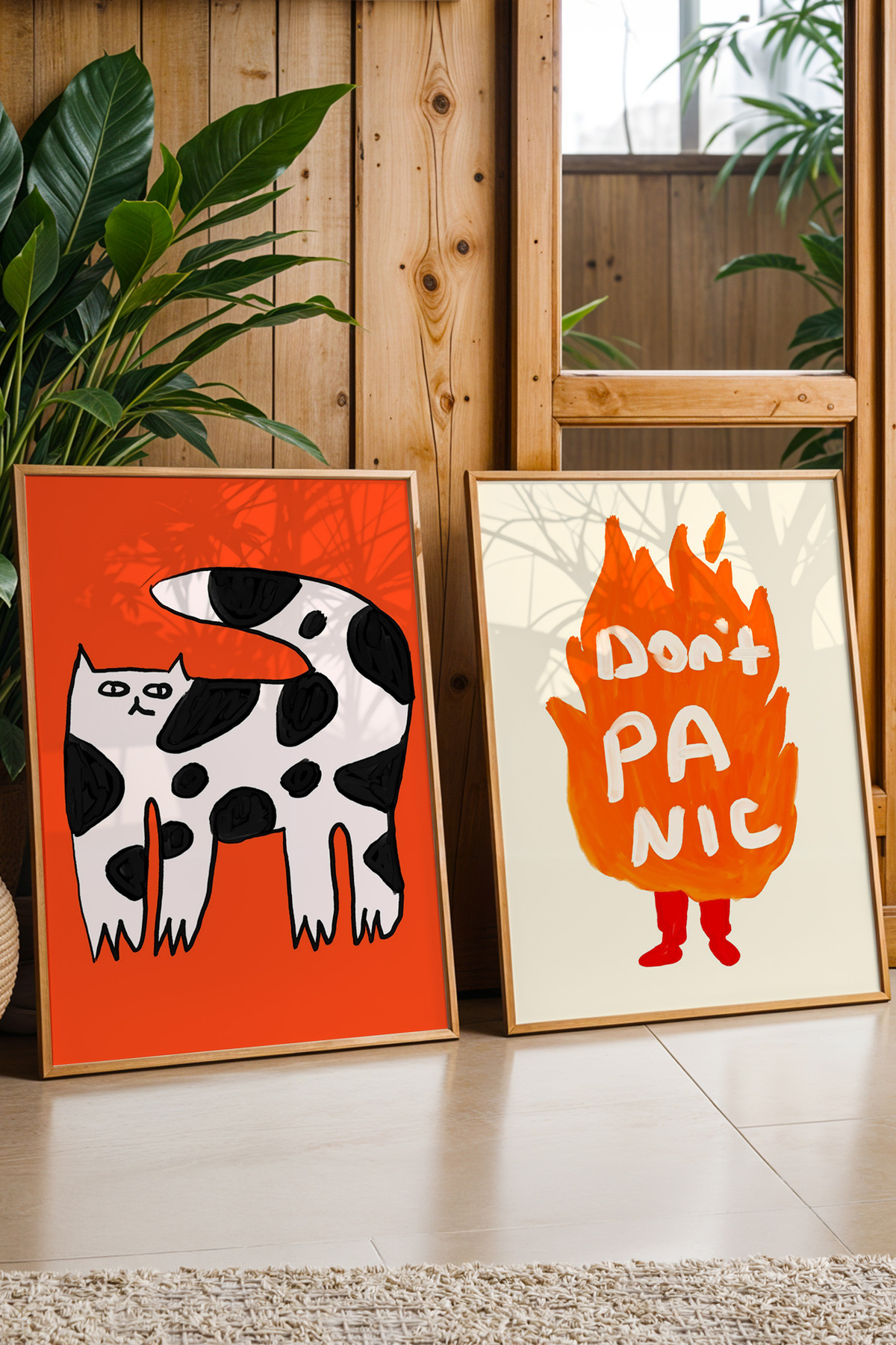 2'li Modern Tablo Seti Kedi İllüstrasyon ve Yazılı Poster Duvar Dekoru Çerçevesiz