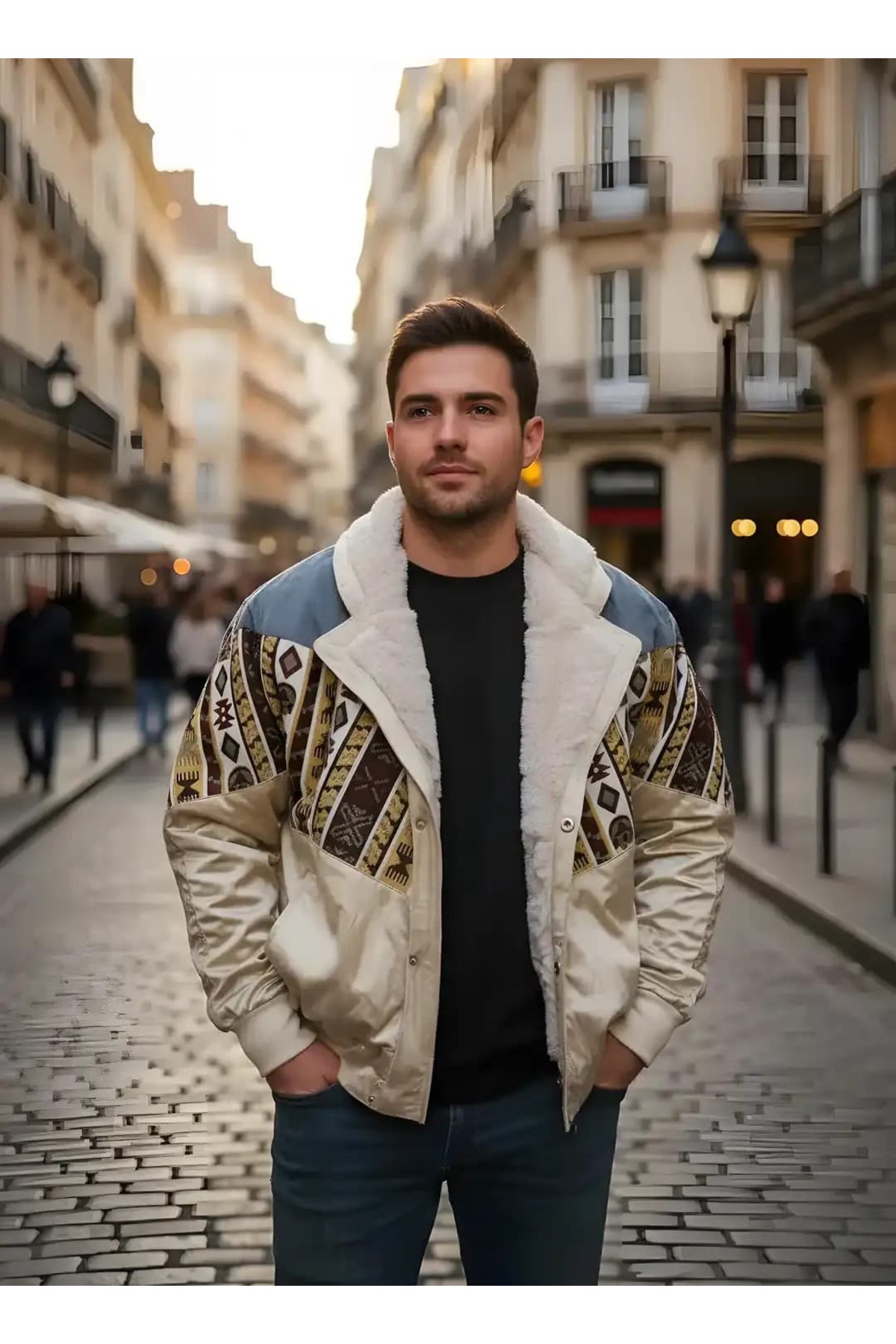 CANMODA  (7770) Recien Unisex Kürklü Yaka Vintage Aztek Ceket Oversize 90lar Mont Small / Medium Uyumlu