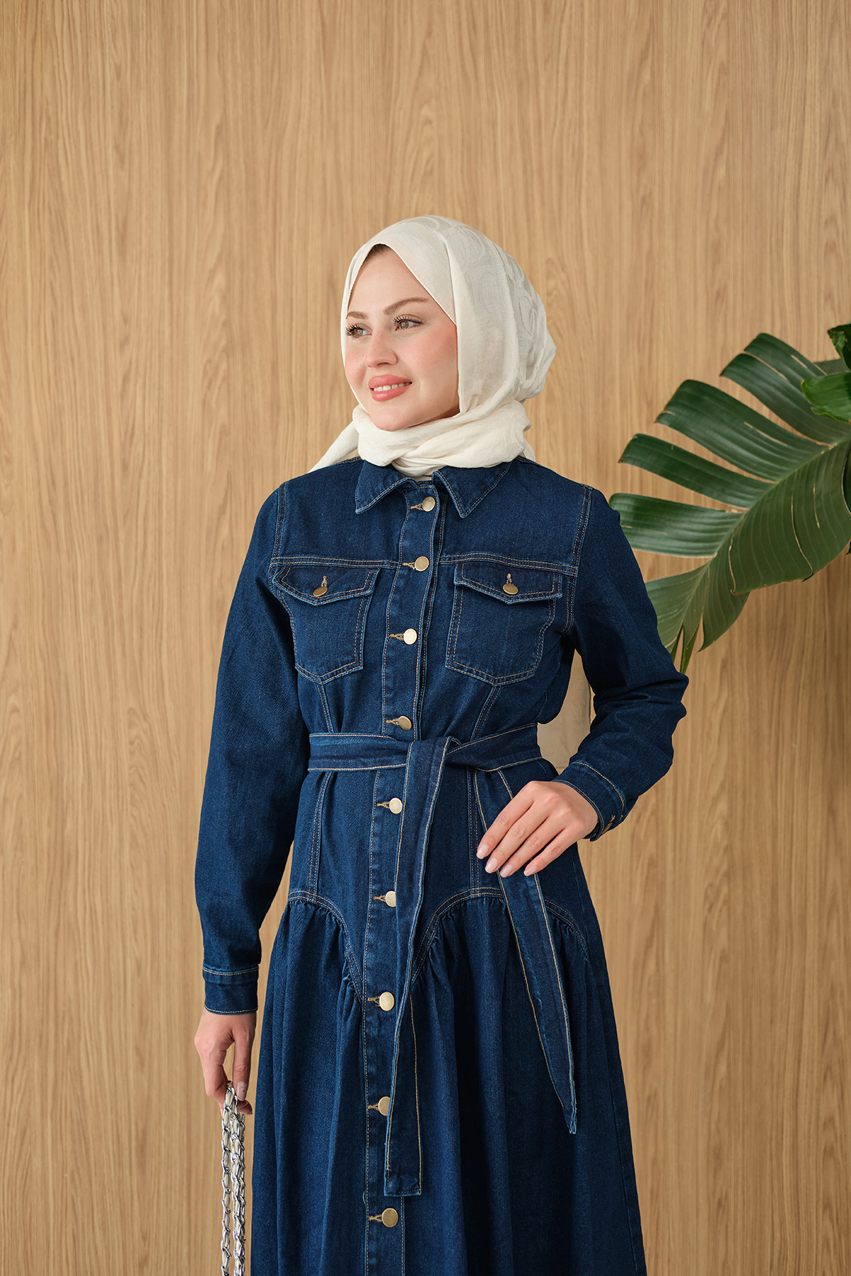 LOCCO  Kadın Çift Cepli Bel Büzgü Ve Dikiş Detay Boydan Düğmeli Kot Elbise Lacivert - Görsel 7