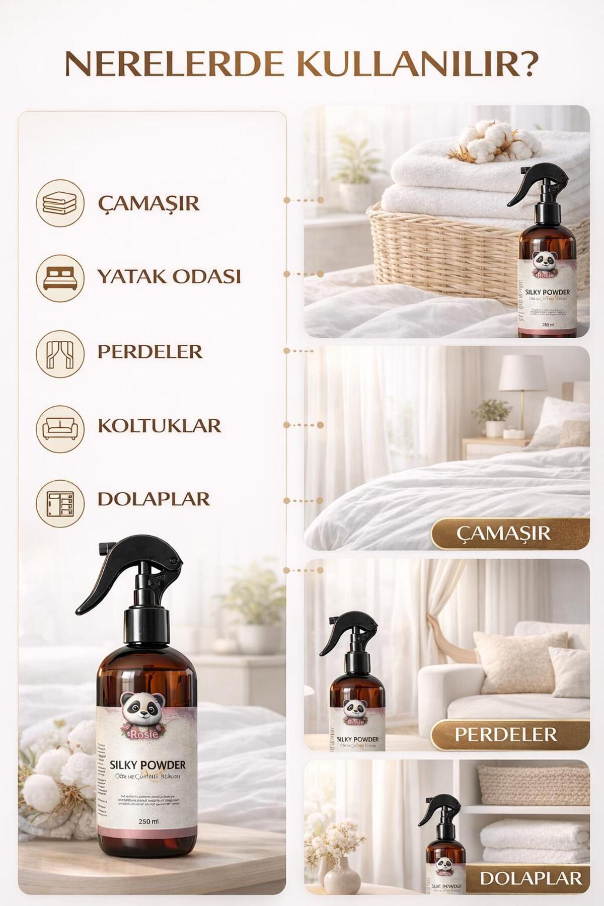 rosie Silky Powder 250 ml Sprey Ortam ve Kumaş Kokusu, Bebek Pudrası Kokulu Ev ve Tekstil Parfümü fotoğrafı 2 (önizleme)