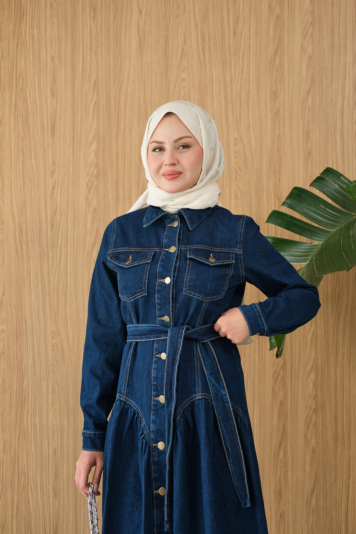 LOCCO  Kadın Çift Cepli Bel Büzgü Ve Dikiş Detay Boydan Düğmeli Kot Elbise Lacivert - Görsel 5